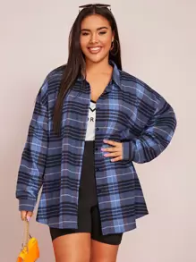 Calvaya Plus Plaid Print Curved Hem Overshirt - Blue - View 1