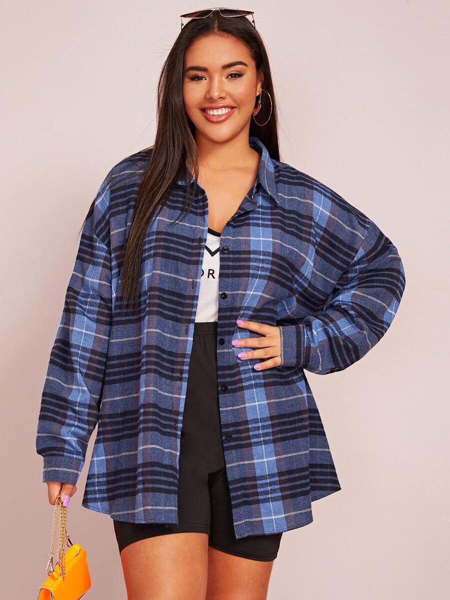 Calvaya Plus Plaid Print Curved Hem Overshirt - Blue - View 1