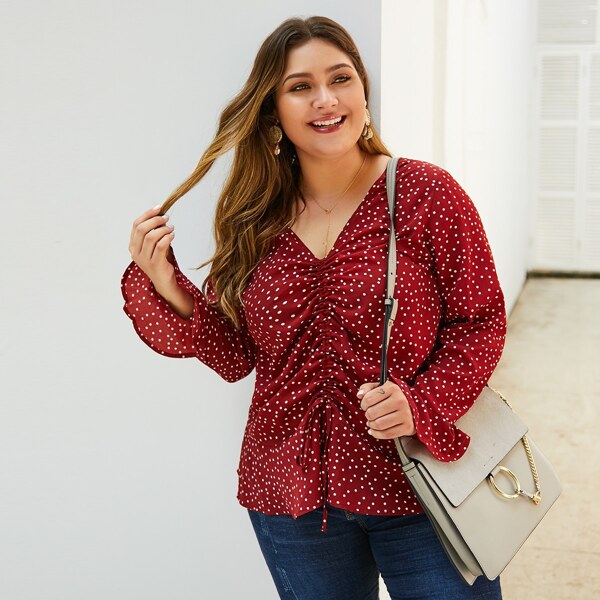 

Plus Polka Dot Ruched Front Blouse, Burgundy