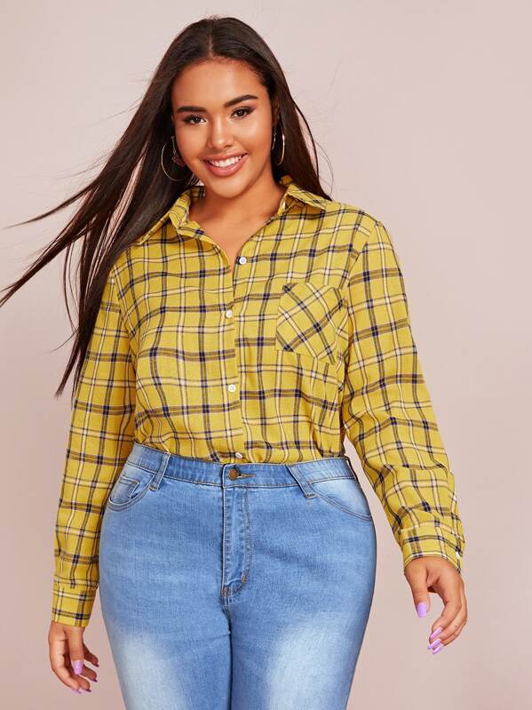 

Plus Plaid Print Split Side Blouse, Yellow, Emilie