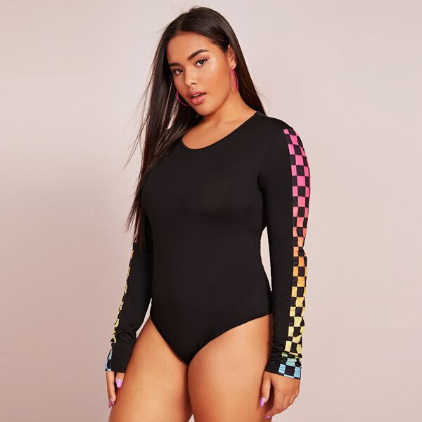 

Plus Colorful Checker Print Fitted Bodysuit, Black