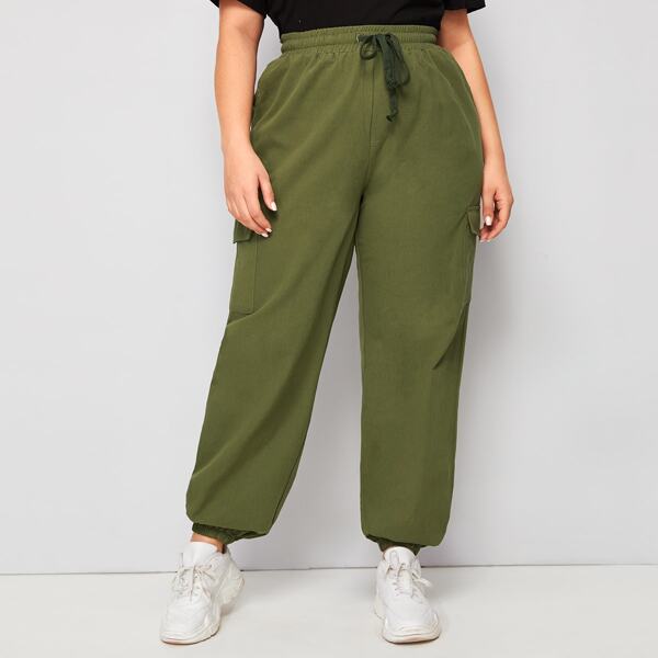 

Plus Pocket Side Drawstring Cargo Jeans, Army green
