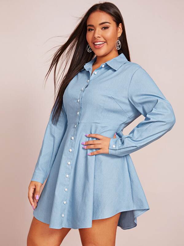 

Plus Button Up Curved Hem Denim Dress, Blue, Emilie
