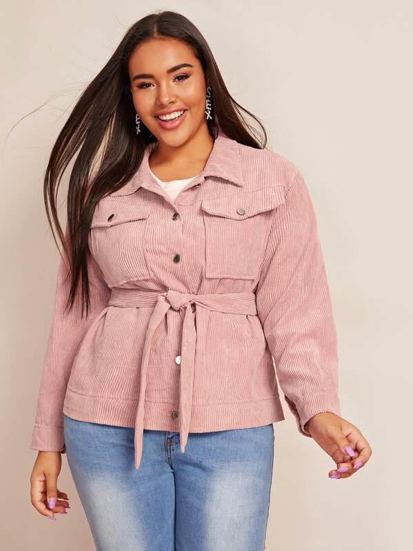 

Plus Corduroy Pocket Front Belted Jacket, Pink, Emilie