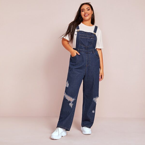 

Plus Dark Wash Ripped Denim Overall