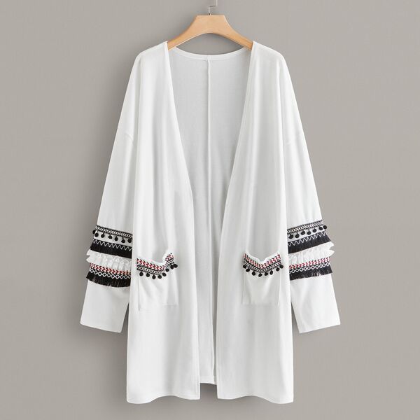 

Plus Embroidered Pom Pom Detail Duster Coat, White