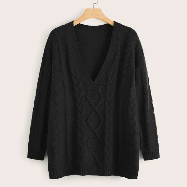 

Plus Cable Knit Drop Shoulder Sweater, Black