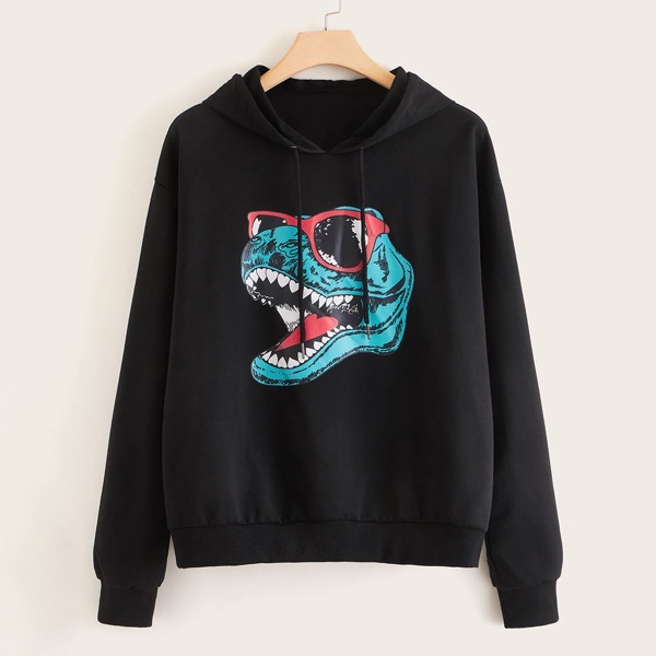 

Plus Dinosaur Print Drop Shoulder Hoodie, Black
