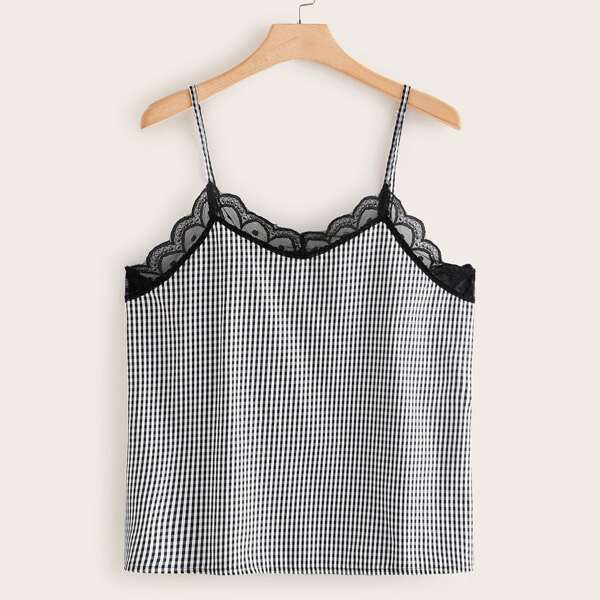 

Plus Gingham Print Lace Trim Cami Top, Black and white