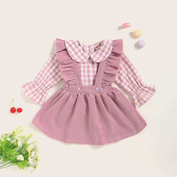 

Baby Girl Gingham Blouse & Ruffle Trim Corduroy Suspender Skirt, Dusty pink