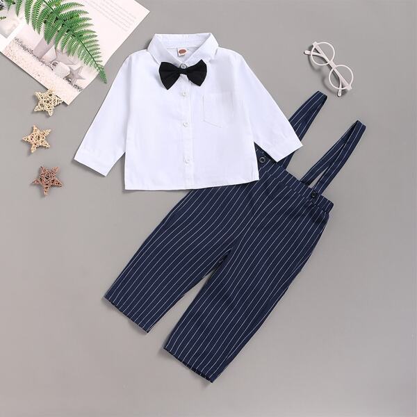 

Baby Boy Bow Neck Shirt & Stripe Suspender Pants, Multicolor