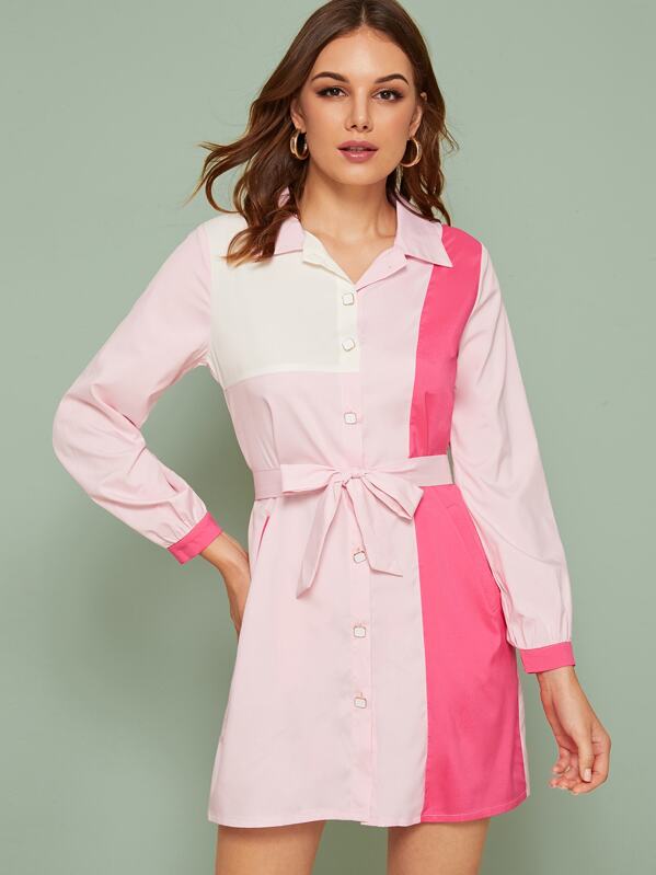 

Cut And Sew Belted Shirt Dress, Multicolor, Vlada
