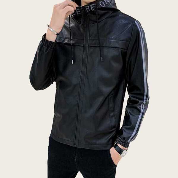 

Men Letter Print Drawstring Hooded PU Jacket