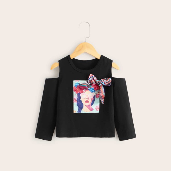 

Toddler Girls Figure Print Open Shoulder Tee, Black