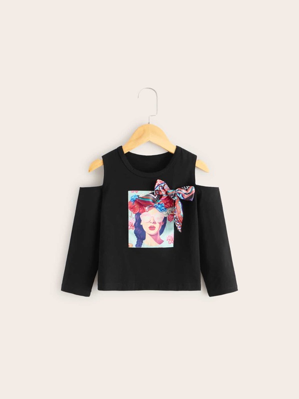 

Toddler Girls Figure Print Open Shoulder Tee, Black