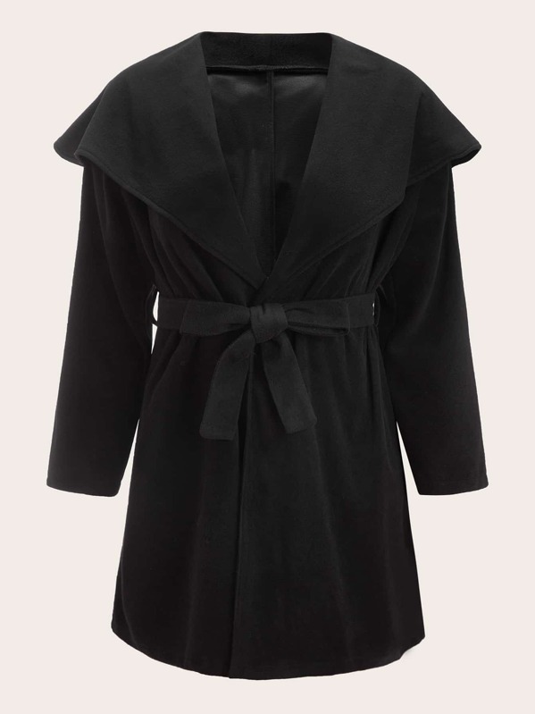 

Plus Waterfall Collar Belted Wrap Coat, Black