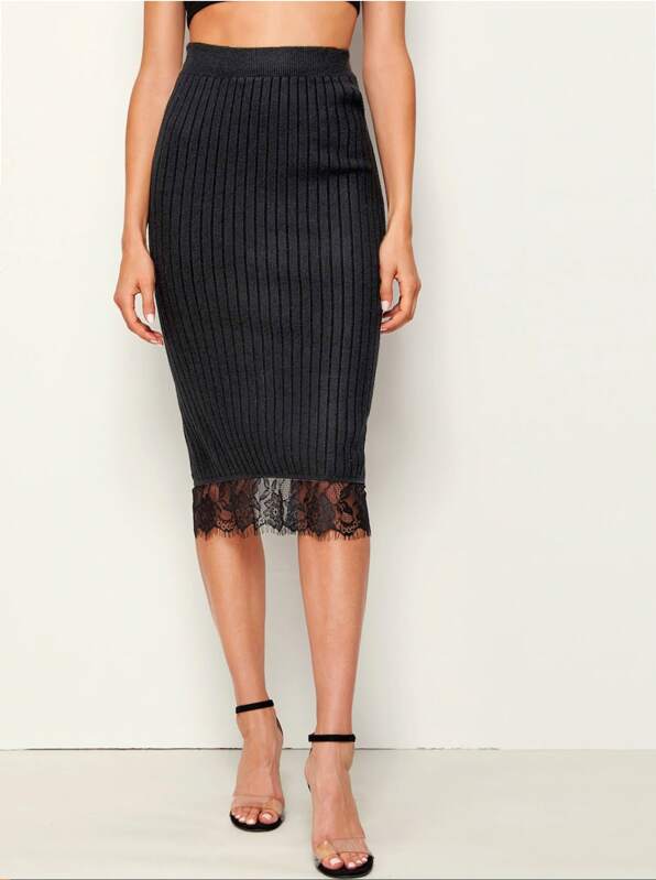 

Lace Panel Slit Back Pencil Sweater Skirt, Black