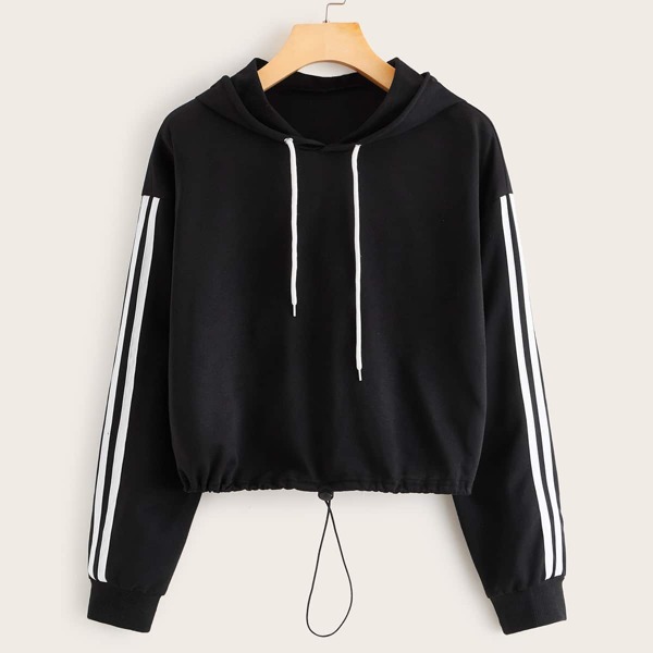

Striped Side Drawstring Hem Hooded Sweatshirt