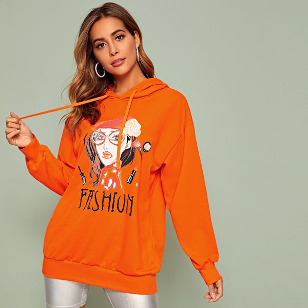 

Neon Orange Figure & Letter Graphic Hoodie