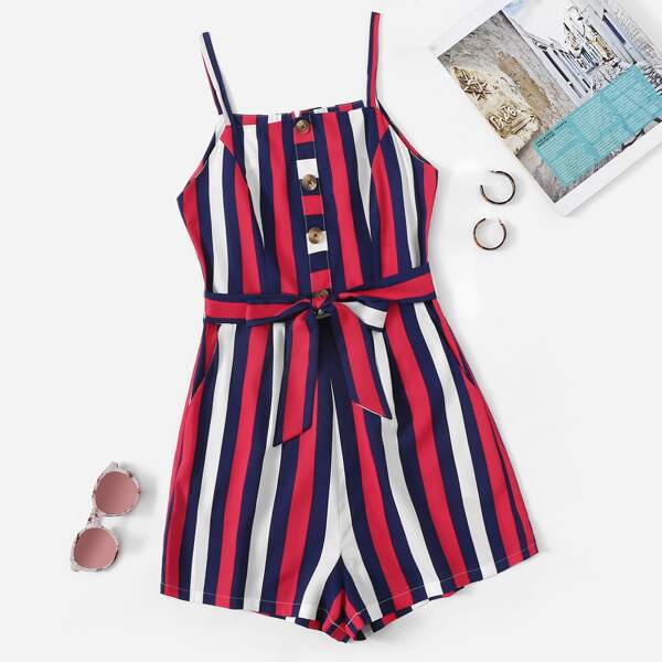 

Striped Button Front Belted Cami Romper, Multicolor
