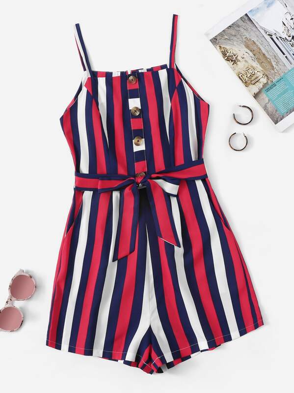 

Striped Button Front Belted Cami Romper, Multicolor