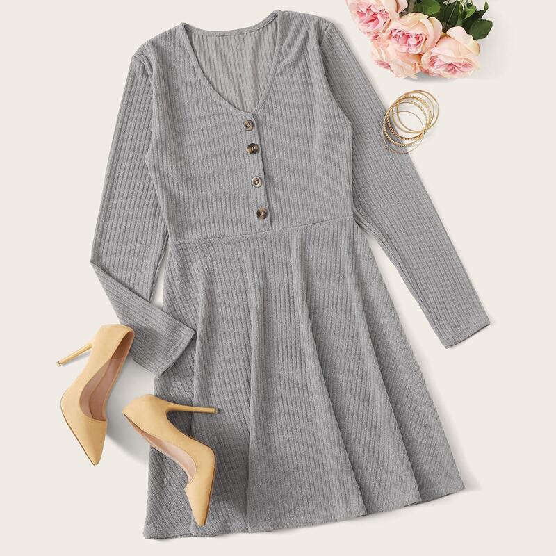 

Solid Button Detail Ribbed Dress, Grey
