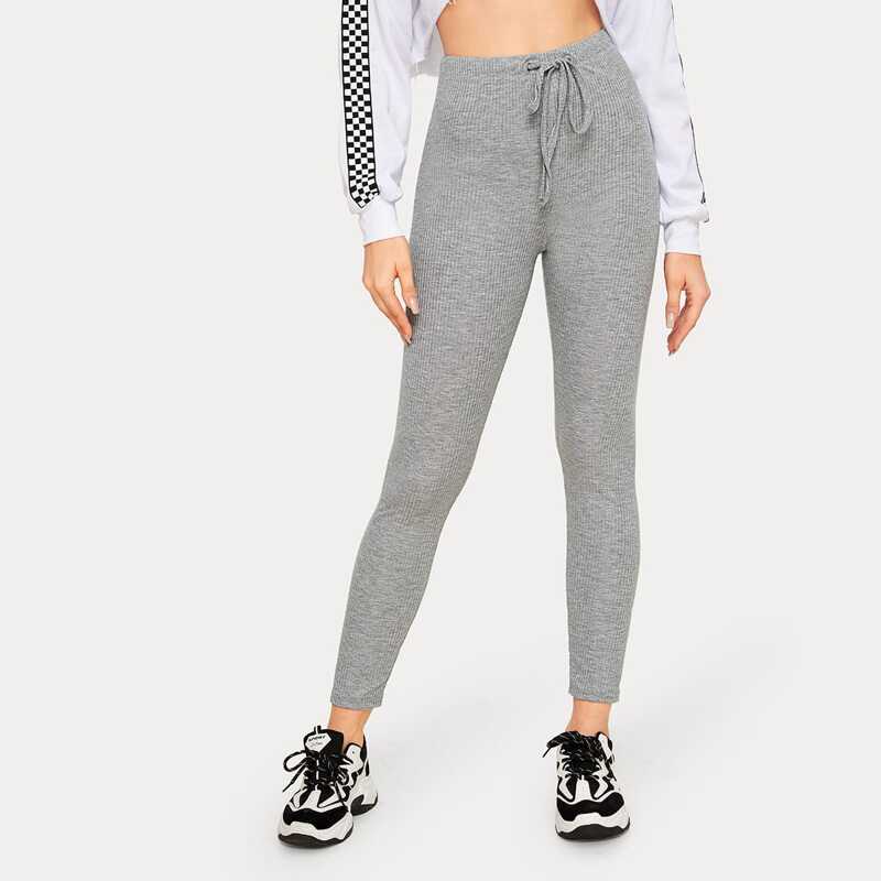 

Solid Drawstring Waist Ribbed Leggings, Grey