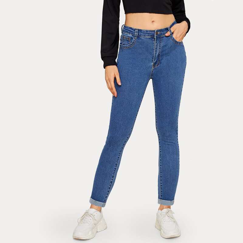 

Solid Rolled Hem Skinny Jeans, Blue