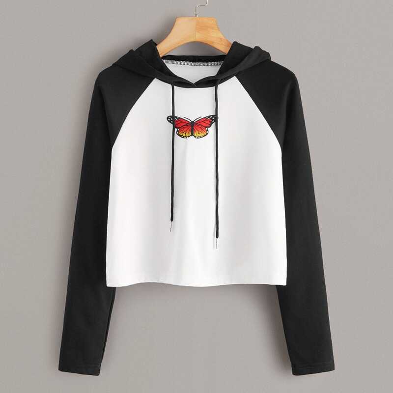 

Butterfly Print Raglan Sleeve Hoodie, Black and white