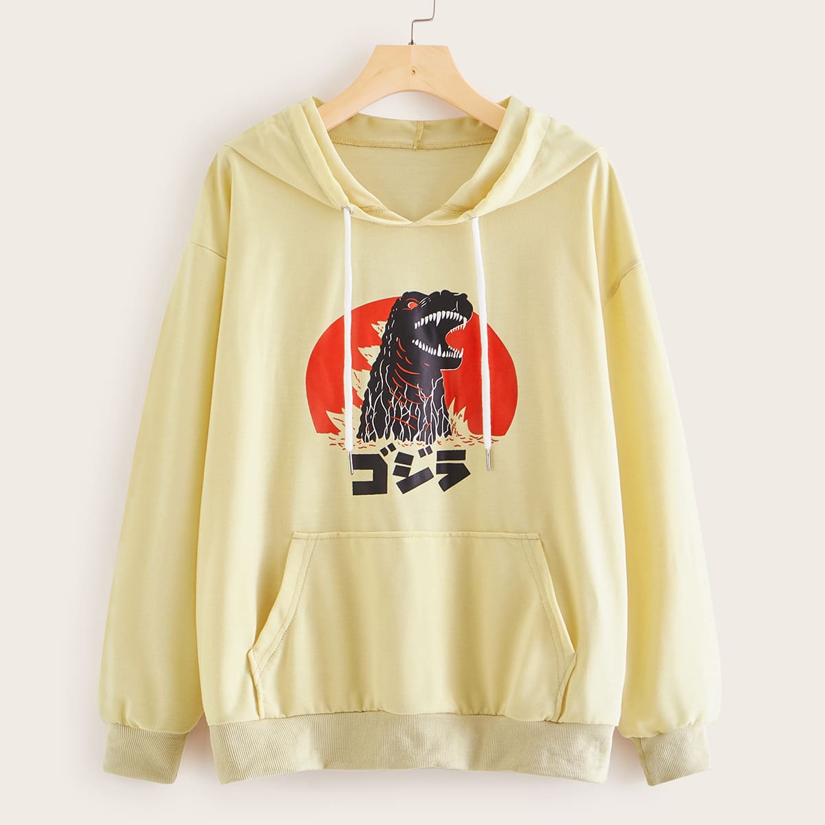 

Dinosaur & Letter Graphic Kangaroo Pocket Hoodie, Beige