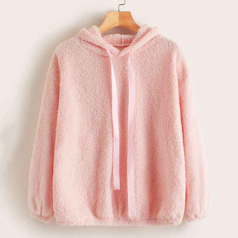 

Solid Drawstring Drop Shoulder Teddy Hoodie, Pink pastel