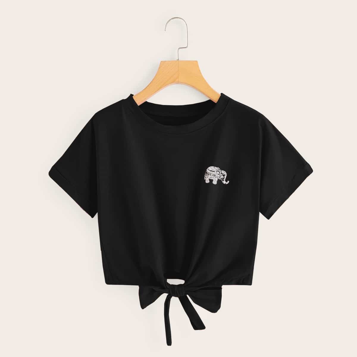 

Elephant Print Knot Hem Crop Tee, Black