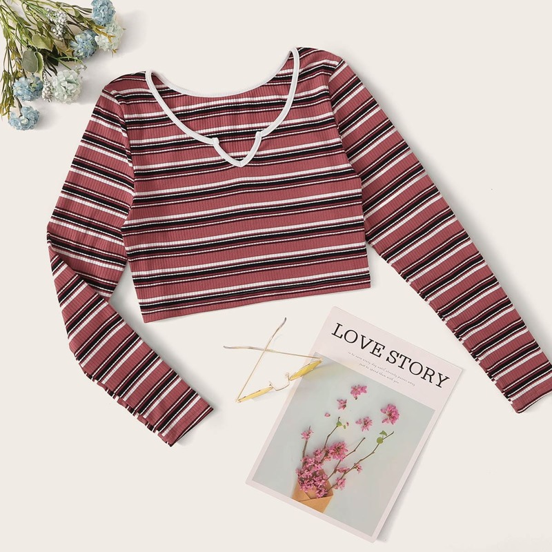 

Striped Notched Neck Ribbed Tee, Multicolor