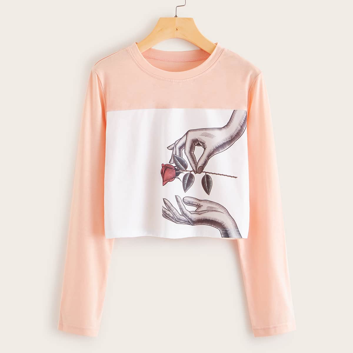 

Contrast Panel Hand & Rose Print Crop Tee, Pink pastel
