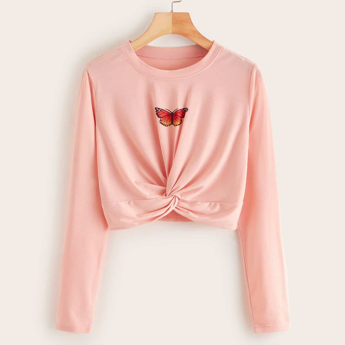 

Butterfly Print Twist Front Crop Tee, Pink pastel