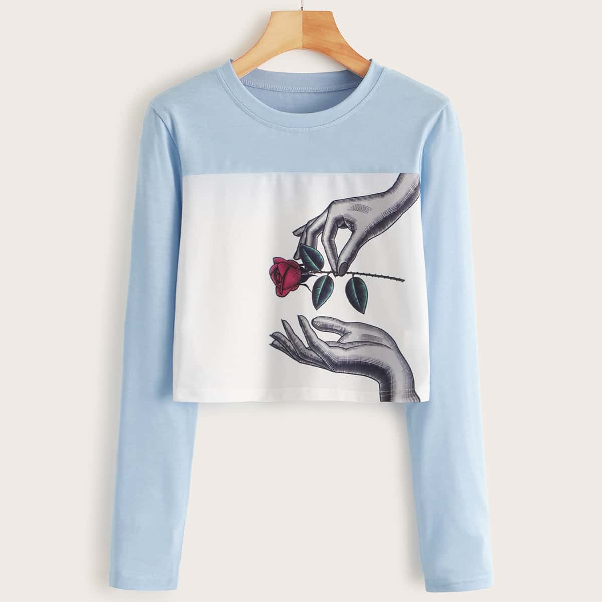 

Contrast Panel Hand & Rose Print Crop Tee, Blue pastel