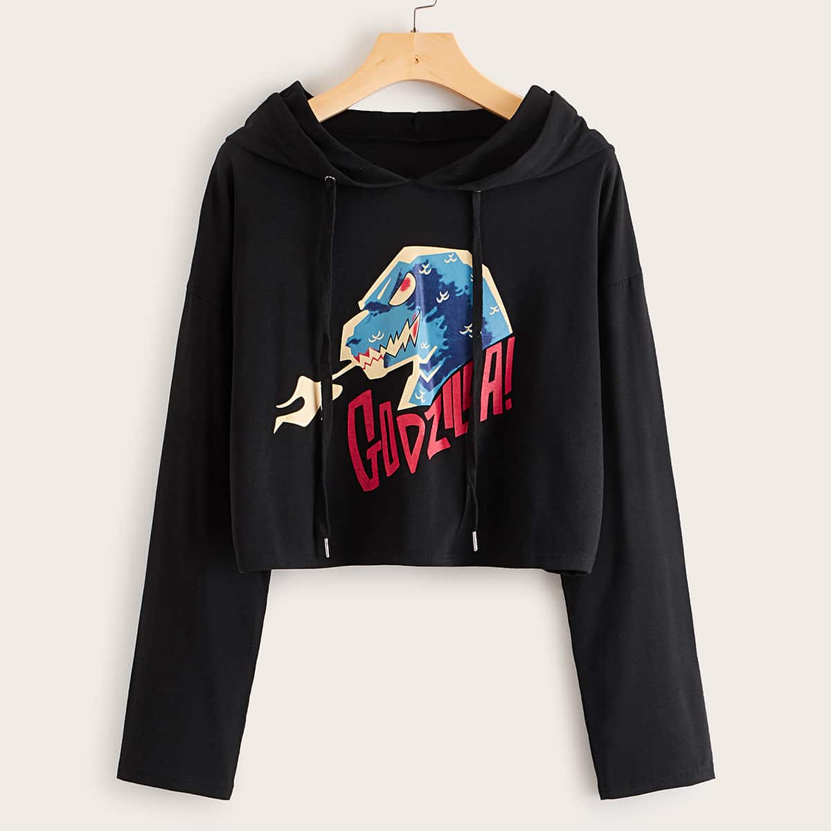 

Dinosaur & Letter Graphic Drawstring Hooded Tee, Black