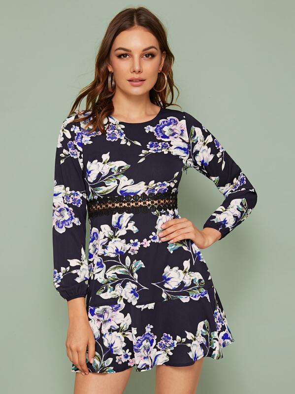 

Floral Print Lace Insert Dress, Multicolor, Vlada