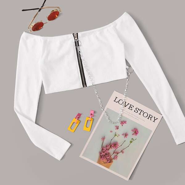 

Bardot Zip Through Chain Decoration Crop Ribbed Tee, White