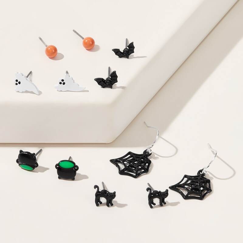 

6pair Spider Web & Ghost Design Stud Earrings Set, Multicolor