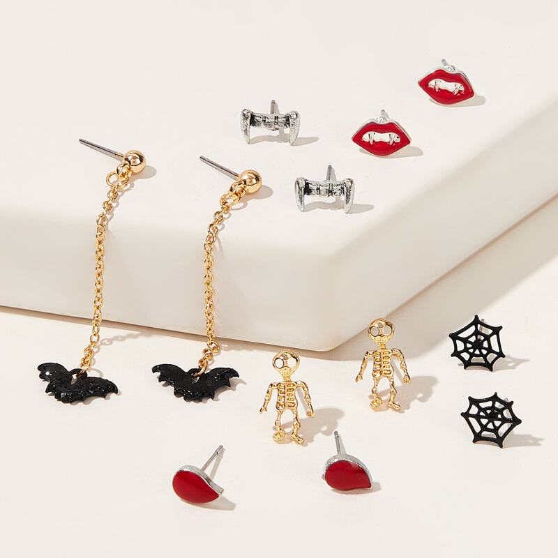 

6pair Skeleton & Bat Design Stud Earrings Set, Multicolor