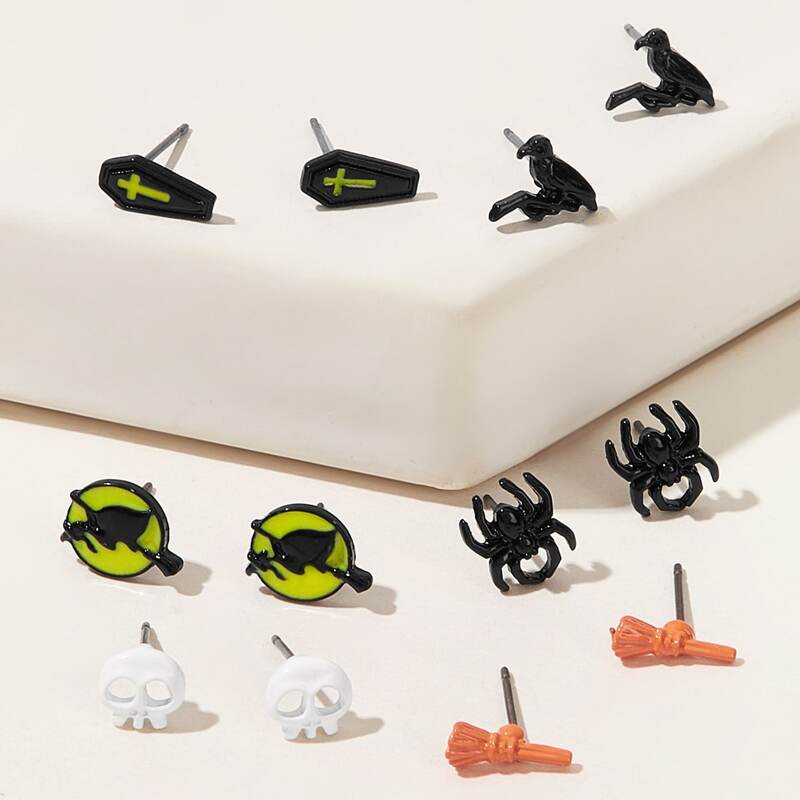 

6pair Spider & Skull Design Stud Earrings Set, Multicolor