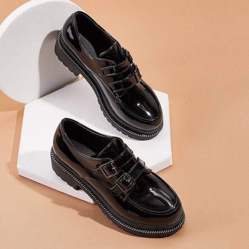 

Double Buckle Decor Faux Leather Flats, Black