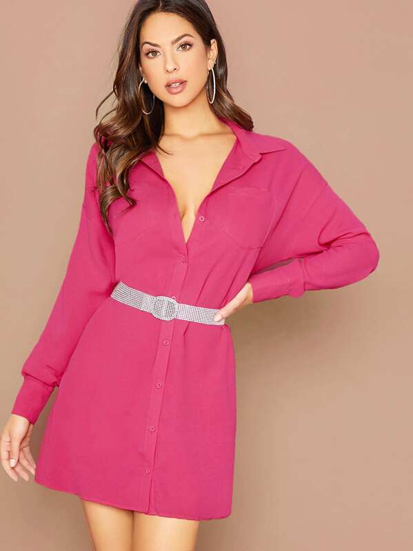 

Solid Pocket Front Shirt Dress Without Belt, Pink, Christen Harper