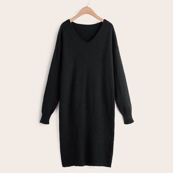 

Solid V-Neck Drop Shoulder Sweater Dress, Black