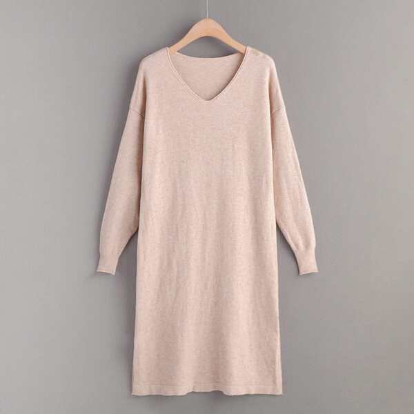 

Solid V-Neck Drop Shoulder Sweater Dress