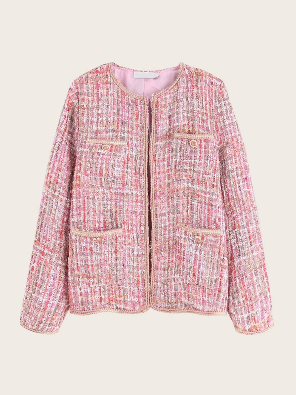 

Contrast Trim Pocket Front Tweed Jacket, Pink
