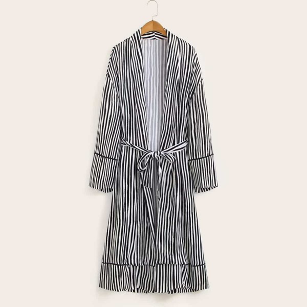 

Striped Belted Open Front Longline Kimono
