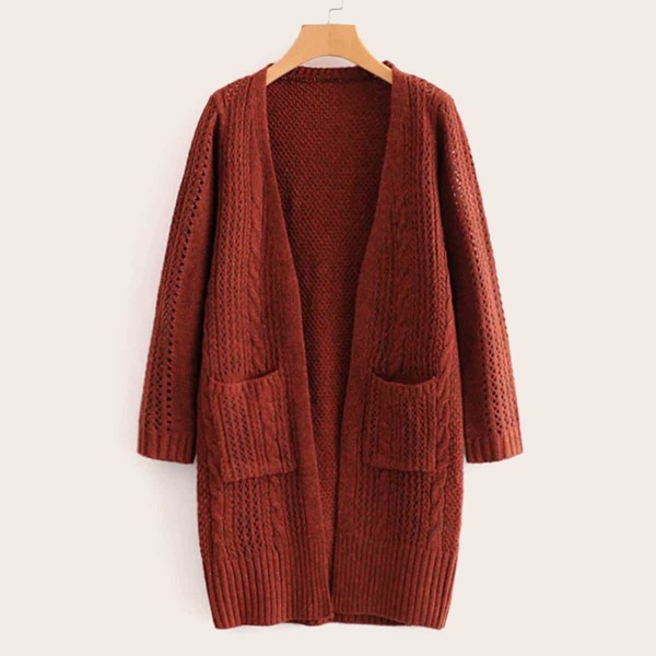 

Solid Dual Pocket Open Front Longline Cardigan, Red