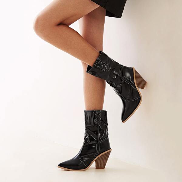 

Point Toe Chunky Heeled Western Booties, Black